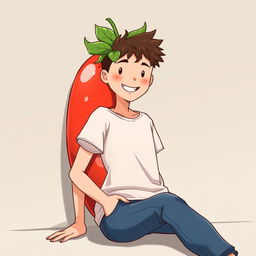 A tall, 17-year-old anime guy resembling a tomato, featuring a round, vibrant red body and leafy green accents on top of his head