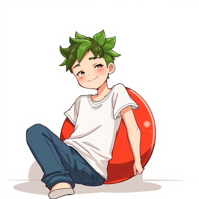 A tall, 17-year-old anime guy resembling a tomato, featuring a round, vibrant red body and leafy green accents on top of his head