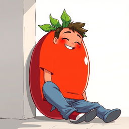 A tall, 17-year-old anime guy resembling a tomato, featuring a round, vibrant red body and leafy green accents on top of his head