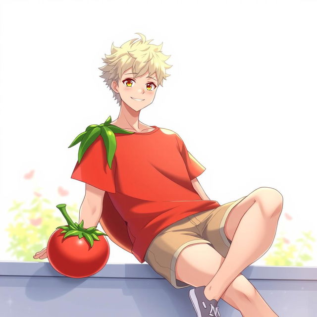 A tall, 17-year-old anime guy with a unique design inspired by the colors of a tomato, featuring a vibrant red body accented with green details reminiscent of tomato leaves