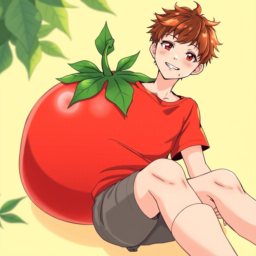 A tall, 17-year-old anime guy with a unique design inspired by the colors of a tomato, featuring a vibrant red body accented with green details reminiscent of tomato leaves