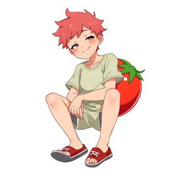 A tall, 17-year-old anime guy with a unique design inspired by the colors of a tomato, featuring a vibrant red body accented with green details reminiscent of tomato leaves