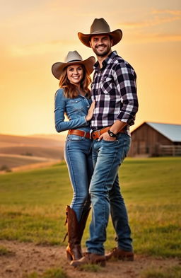 A stunning model turned cowgirl in a stylish Western outfit, complete with a wide-brimmed hat and leather boots, is on a lively date with a handsome cowboy dressed in traditional attire, including denim jeans and a plaid shirt