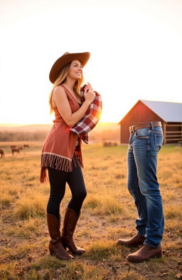 A stunning model turned cowgirl in a stylish Western outfit, complete with a wide-brimmed hat and leather boots, is on a lively date with a handsome cowboy dressed in traditional attire, including denim jeans and a plaid shirt