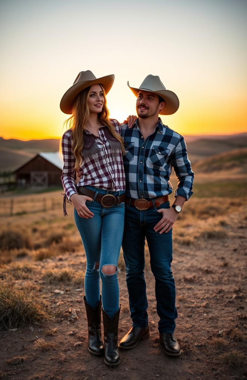 A stunning model turned cowgirl in a stylish Western outfit, complete with a wide-brimmed hat and leather boots, is on a lively date with a handsome cowboy dressed in traditional attire, including denim jeans and a plaid shirt