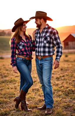 A stunning model turned cowgirl in a stylish Western outfit, complete with a wide-brimmed hat and leather boots, is on a lively date with a handsome cowboy dressed in traditional attire, including denim jeans and a plaid shirt