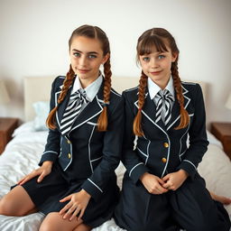 An ultra-realistic full-body portrait featuring two 16-year-old European schoolgirls with brown hair styled in braids, adorned with cheerful bows, and bright blue eyes, reminiscent of the actress Rachel Leigh Cook