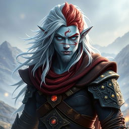 A male Tifling warrior with pale blue skin, long flowing hair that is a blend of white and red