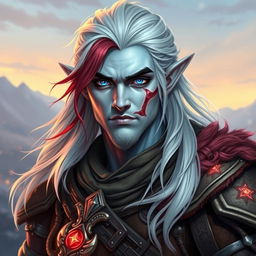 A male Tifling warrior with pale blue skin, long flowing hair that is a blend of white and red