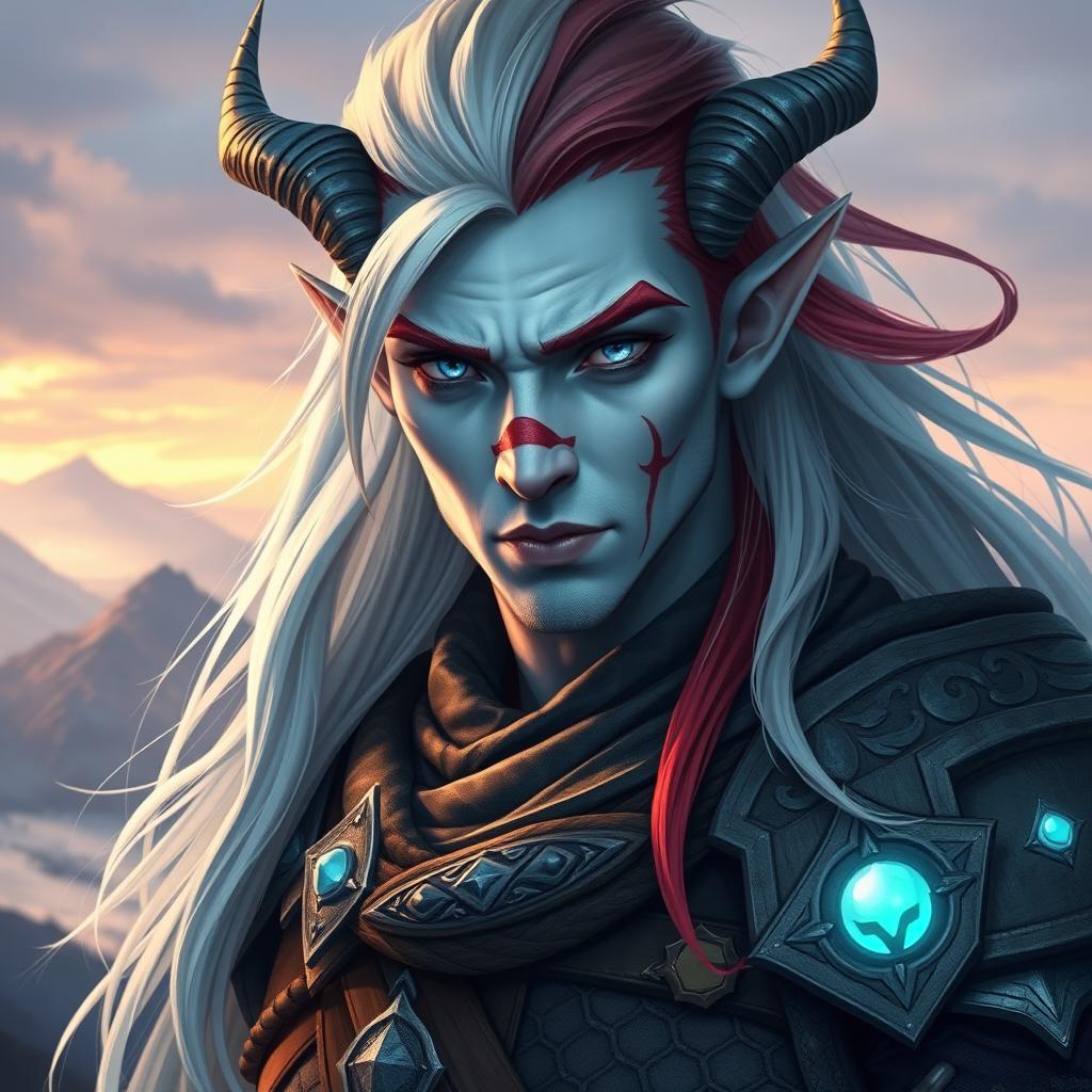 A male Tifling warrior with pale blue skin, long flowing hair that is a blend of white and red