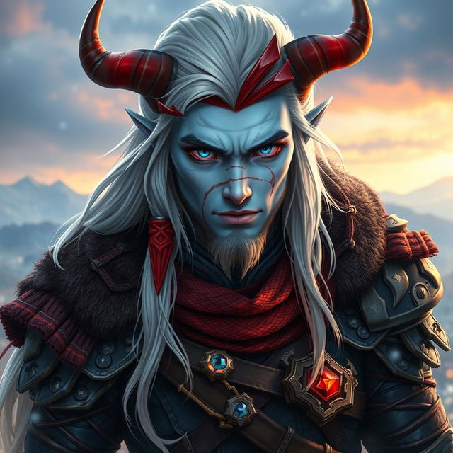 A male Tifling warrior with pale blue skin, long flowing hair that is a blend of white and red