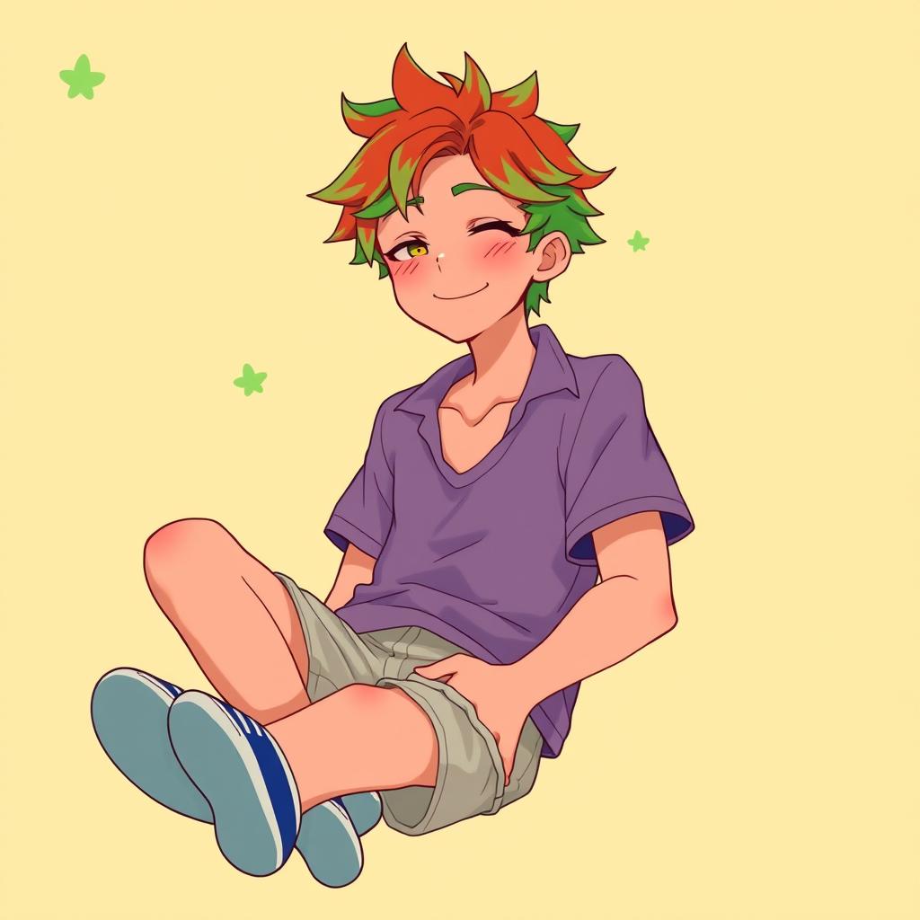 A tall, 17-year-old anime guy with a vibrant color palette inspired by a tomato, featuring bright red skin tones complemented with green accents in his hair or outfit