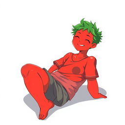A tall, 17-year-old anime guy with a vibrant color palette inspired by a tomato, featuring bright red skin tones complemented with green accents in his hair or outfit
