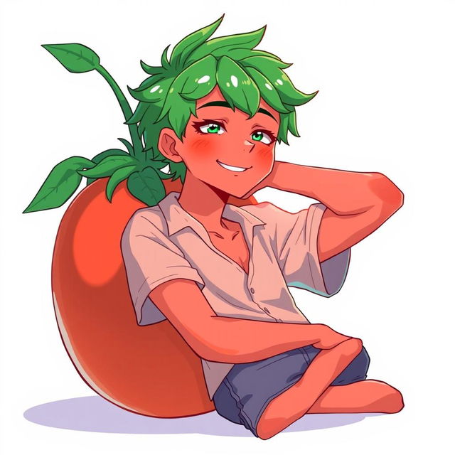 A tall, 17-year-old anime guy with a vibrant color palette inspired by a tomato, featuring bright red skin tones complemented with green accents in his hair or outfit