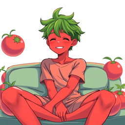 A tall, 17-year-old anime guy with a vibrant color palette inspired by a tomato, featuring bright red skin tones complemented with green accents in his hair or outfit