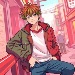 A tall, 17-year-old anime guy with a color palette inspired by a tomato, featuring rich red tones blended with vibrant green highlights in his hairstyle or clothing