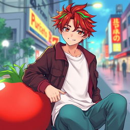 A tall, 17-year-old anime guy with a color palette inspired by a tomato, featuring rich red tones blended with vibrant green highlights in his hairstyle or clothing