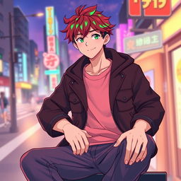 A tall, 17-year-old anime guy with a color palette inspired by a tomato, featuring rich red tones blended with vibrant green highlights in his hairstyle or clothing