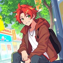 A tall, 17-year-old anime guy with a color palette inspired by a tomato, featuring rich red tones blended with vibrant green highlights in his hairstyle or clothing