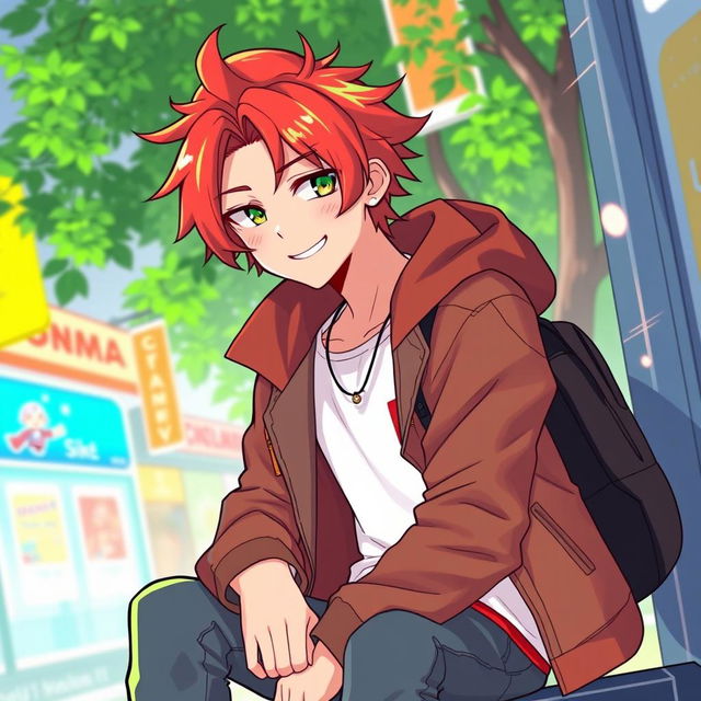 A tall, 17-year-old anime guy with a color palette inspired by a tomato, featuring rich red tones blended with vibrant green highlights in his hairstyle or clothing