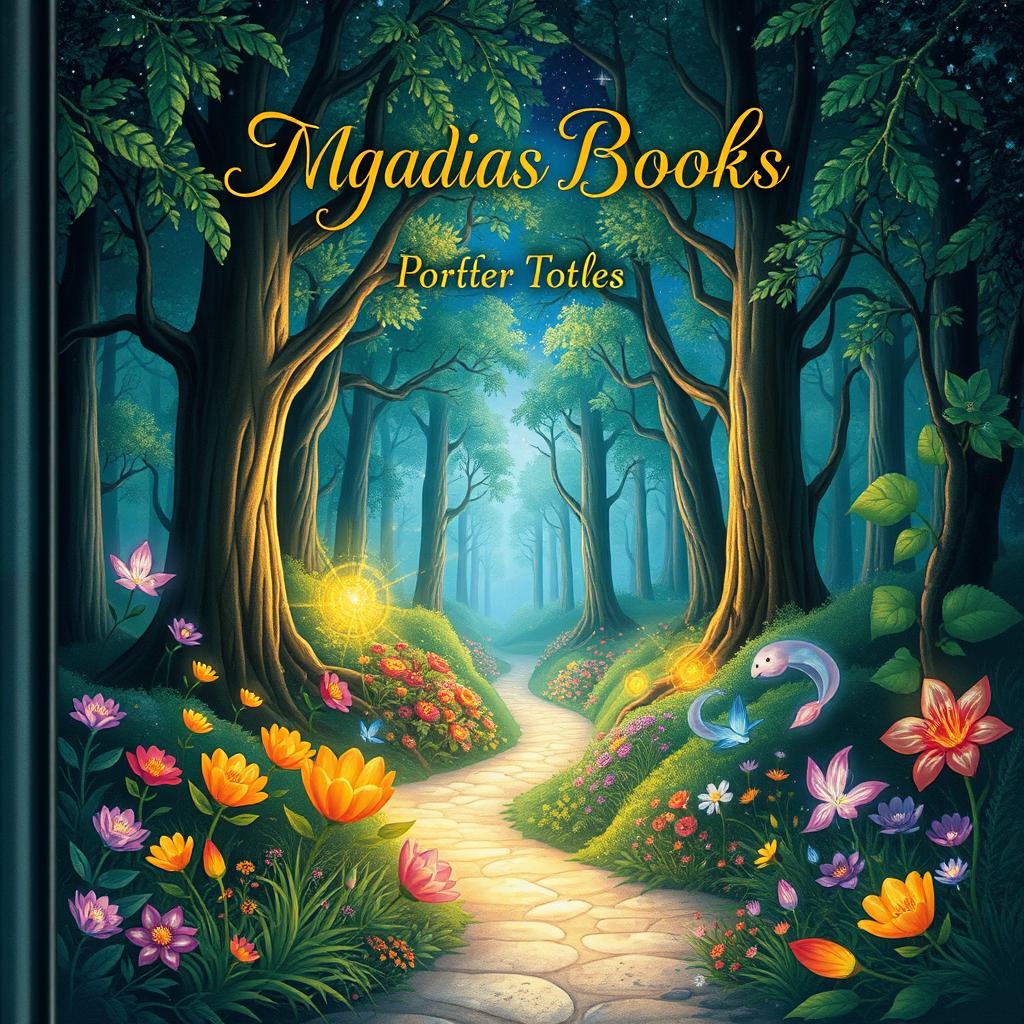 A beautifully illustrated book cover featuring a magical forest filled with vibrant, glowing plants and mystical creatures