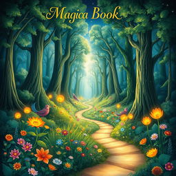 A beautifully illustrated book cover featuring a magical forest filled with vibrant, glowing plants and mystical creatures