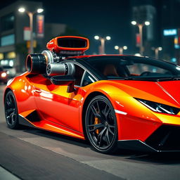 A sleek, modern Lamborghini with a powerful turbo engine prominently displayed
