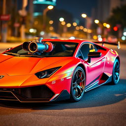 A sleek, modern Lamborghini with a powerful turbo engine prominently displayed