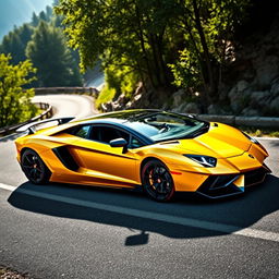A stunning Lamborghini Aventador parked elegantly on a winding mountain road, showcasing its sleek aerodynamic design and aggressive lines