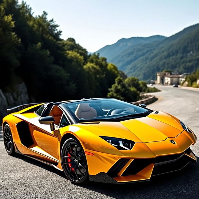 A stunning Lamborghini Aventador parked elegantly on a winding mountain road, showcasing its sleek aerodynamic design and aggressive lines