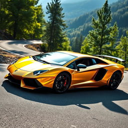 A stunning Lamborghini Aventador parked elegantly on a winding mountain road, showcasing its sleek aerodynamic design and aggressive lines