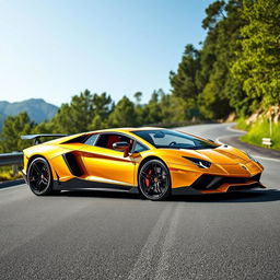 A stunning Lamborghini Aventador parked elegantly on a winding mountain road, showcasing its sleek aerodynamic design and aggressive lines