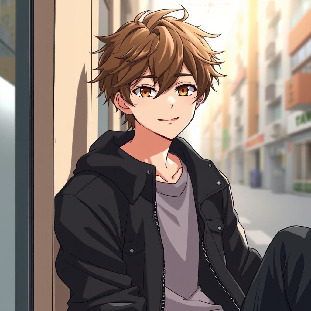 A tall, 17-year-old anime guy with tousled brown hair and warm brown eyes that reflect his kind nature