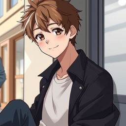 A tall, 17-year-old anime guy with tousled brown hair and warm brown eyes that reflect his kind nature