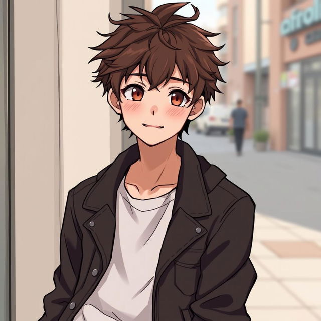 A tall, 17-year-old anime guy with tousled brown hair and warm brown eyes that reflect his kind nature