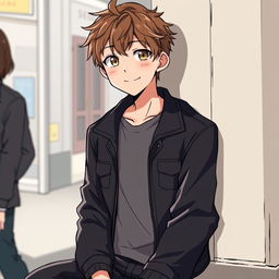 A tall, 17-year-old anime guy with tousled brown hair and warm brown eyes that reflect his kind nature