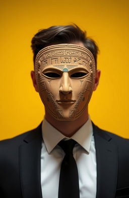 A man standing confidently in a black suit with a crisp white shirt and a sleek black tie, his face concealed by an elaborate pottery mask