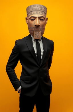 A man standing confidently in a black suit with a crisp white shirt and a sleek black tie, his face concealed by an elaborate pottery mask