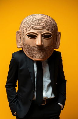 A man standing confidently in a black suit with a crisp white shirt and a sleek black tie, his face concealed by an elaborate pottery mask