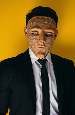 A man standing confidently in a black suit with a crisp white shirt and a sleek black tie, his face concealed by an elaborate pottery mask