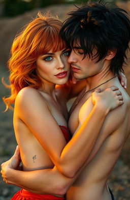 A vibrant scene featuring a beautiful woman and a handsome man engaging in a playful embrace