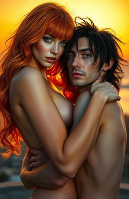 A vibrant scene featuring a beautiful woman and a handsome man engaging in a playful embrace