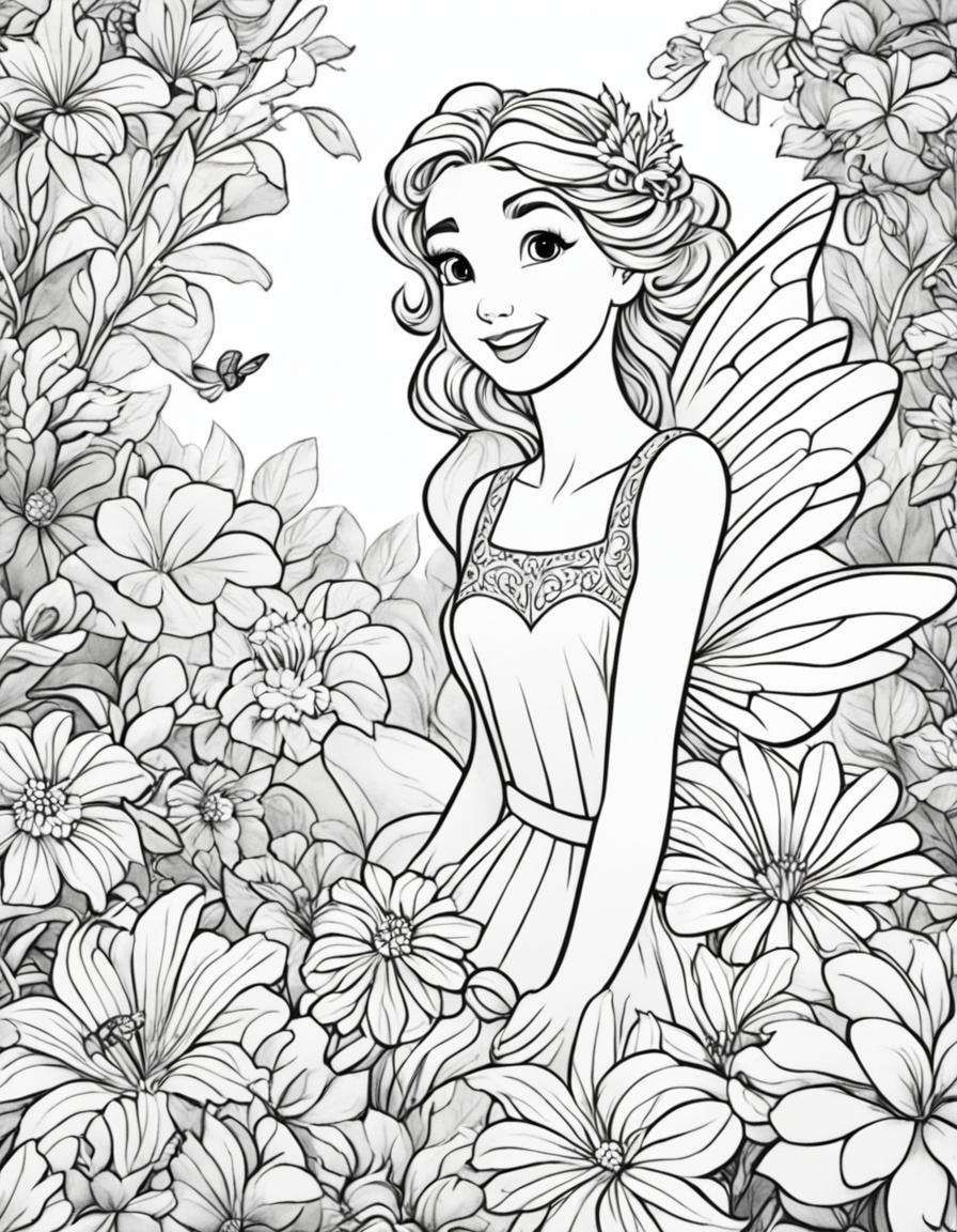 Disney-style coloring page featuring a joyful fairy surrounded by a variety of flowers in her magical garden.