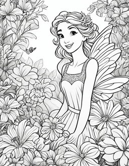 Disney-style coloring page featuring a joyful fairy surrounded by a variety of flowers in her magical garden.