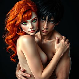 A romantic scene featuring a couple in a dark background, embracing tenderly