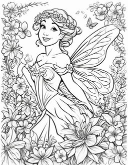 Disney-style coloring page featuring a joyful fairy surrounded by a variety of flowers in her magical garden.