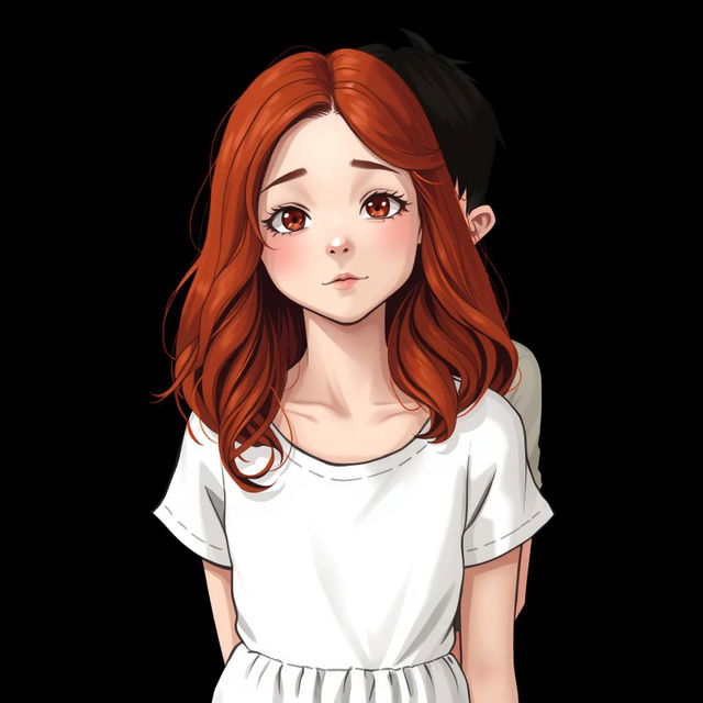 A red-haired girl with wavy shoulder-length hair, wearing a casual white dress