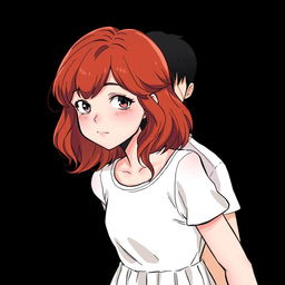 A red-haired girl with wavy shoulder-length hair, wearing a casual white dress