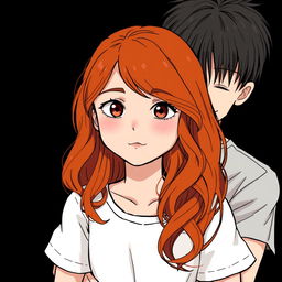 A red-haired girl with wavy shoulder-length hair, wearing a casual white dress