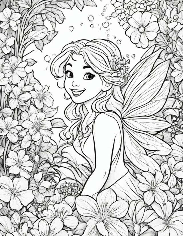 Disney-style coloring page featuring a joyful fairy surrounded by a variety of flowers in her magical garden.